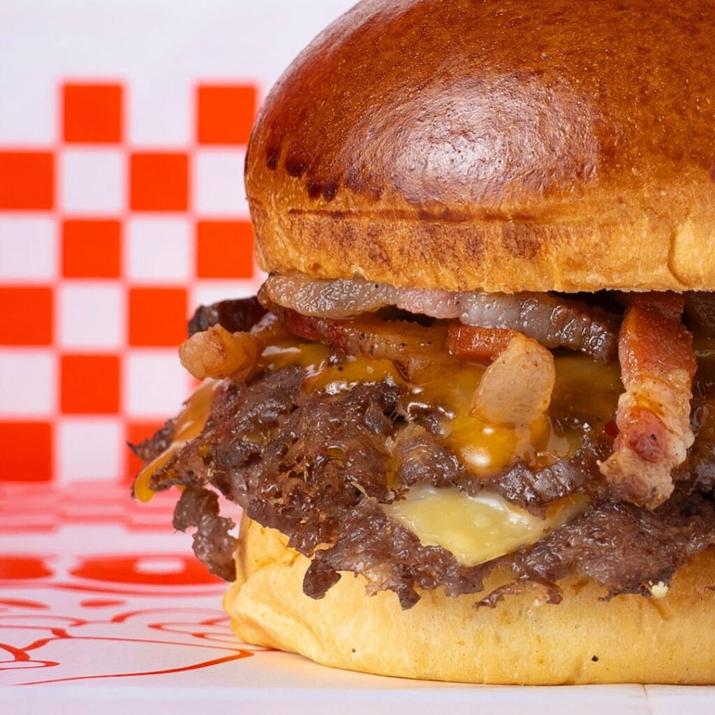 Smash burger con queso fundido, bacon crujiente y pan dorado de Delirio Smash Burger