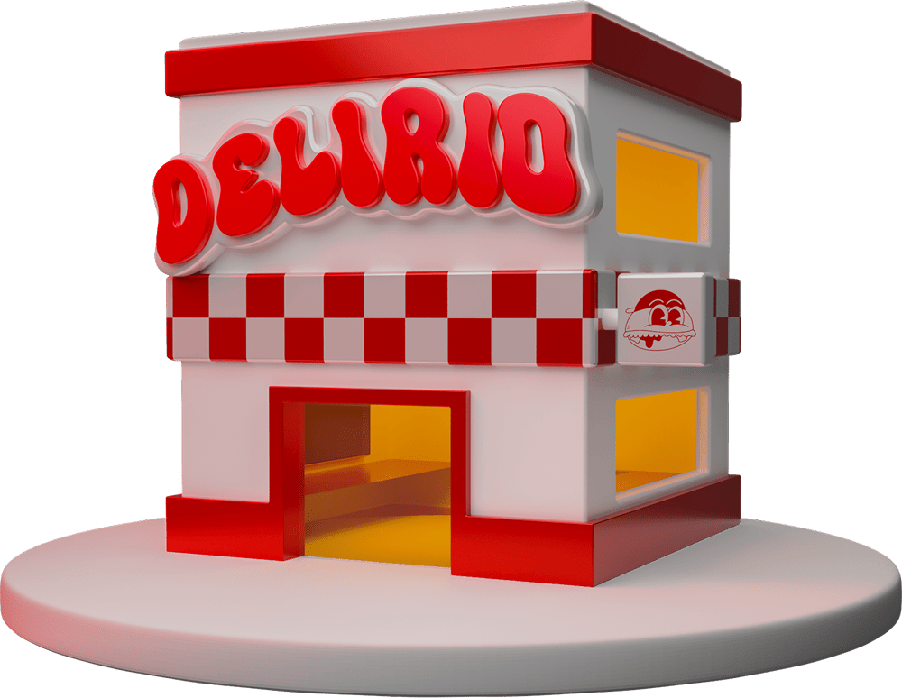 Miniatura 3D del restaurante Delirio Smash Burgers, con diseño en rojo y blanco, letrero Delirio y detalles de diner americano